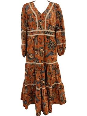 Spartina 449 Justine Midi Dress in Rich Rust/Burnt Orange Floral Print. Small